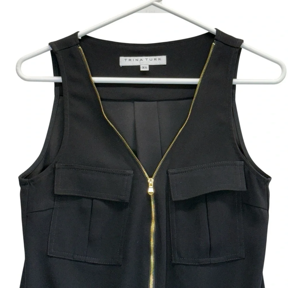 Trina Turk Black Sleeveless Top with Gold Zipper. Size XS